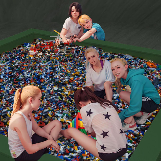 Ur LEGO-havet fiskar man upp bitar till sitt bygge.