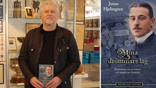 Jonas Hjelmgren och omslaget på romanen